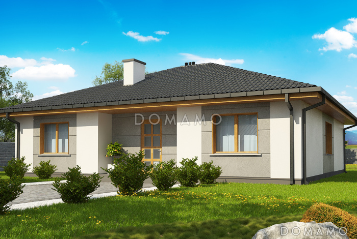 Проект современного одноэтажного загородного дома с мастер-спальней, террасой, кухней с окном у мойки