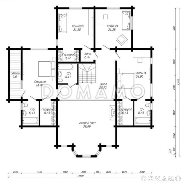 Проект дома из клееного бруса с эффектной зоной второго света / План 2 этажа