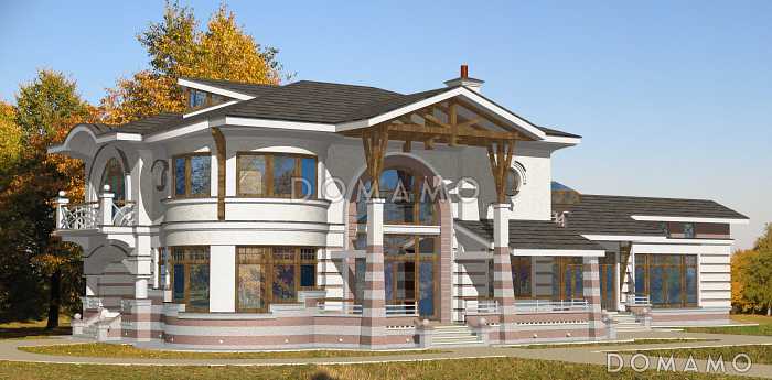 Проект коттеджа с двусветной гостиной и бассейном с сауной