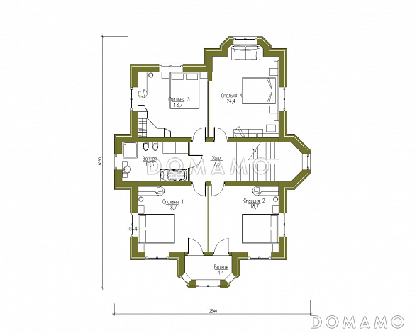 Проект трехэтажного дома с башней, верандой и функциональными чердачными помещениями / План 2 этажа