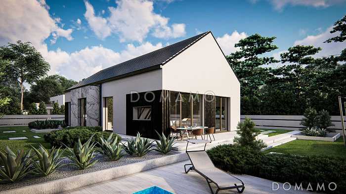 Проект одноэтажного дома с продуманной планировкой, эркером, навесом, объединенной кухней и гостиной