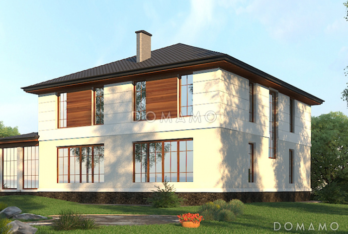 Проект дома с входом с угла здания, террасами, кладовой в кухне, сауной, хозяйской спальней и детскими