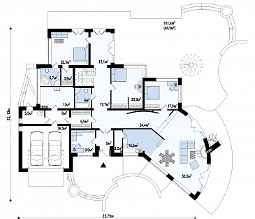 Проект красивого просторного мансардного коттеджа из газобетона с террасой на втором уровне / План 1 этажа