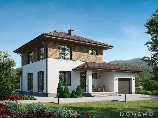 Проект двухэтажного дома с гаражом, террасой и тремя спальнями на втором этаже