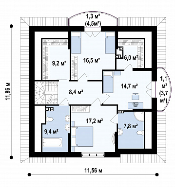 Проект уютного дома с цокольным этажом, камином на террасе, просторной гостиной, кладовой в кухне / План мансардного этажа