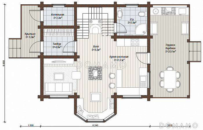 Проект двухэтажного коттеджа с эркером первого этажа, который переходит в балкон / План мансардного этажа