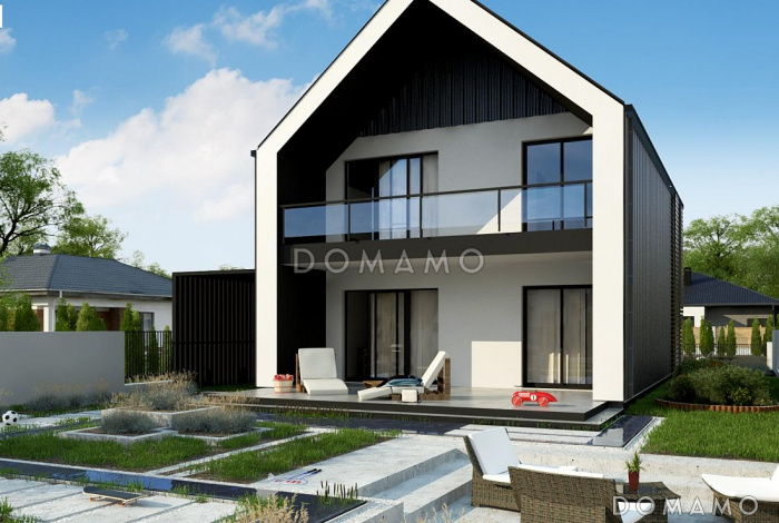 Проект современного двухэтажного дома из кирпича с кабинетом для узкого участка