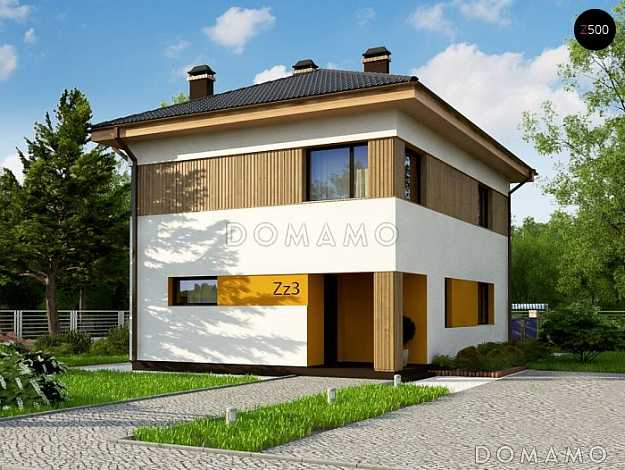 Проект классического двухэтажного дома из газобетона с четырьмя комнатами, техническим помещением и небольшой угловой террасой