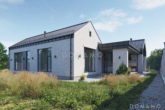 Проект кирпичного дома с масштабным остеклением, двумя жилыми зонами, соединенными гостиной-столовой