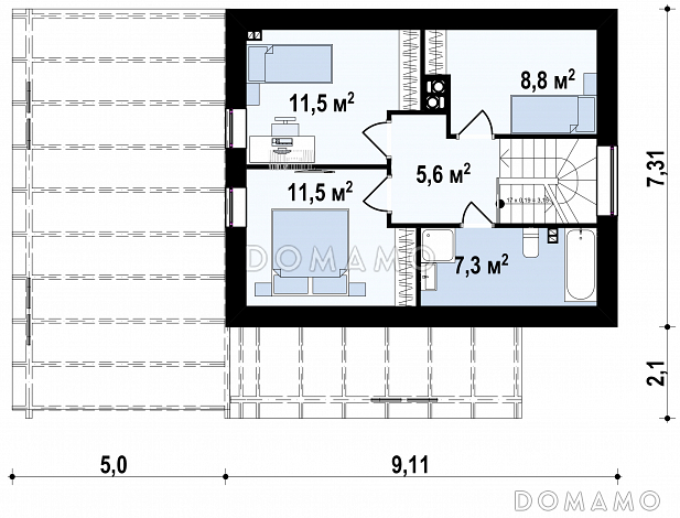 Проект компактного одноэтажного мансардного дома из газобетона с дополнительной спальней на первом этаже и большой крытой террасой / План мансардного этажа