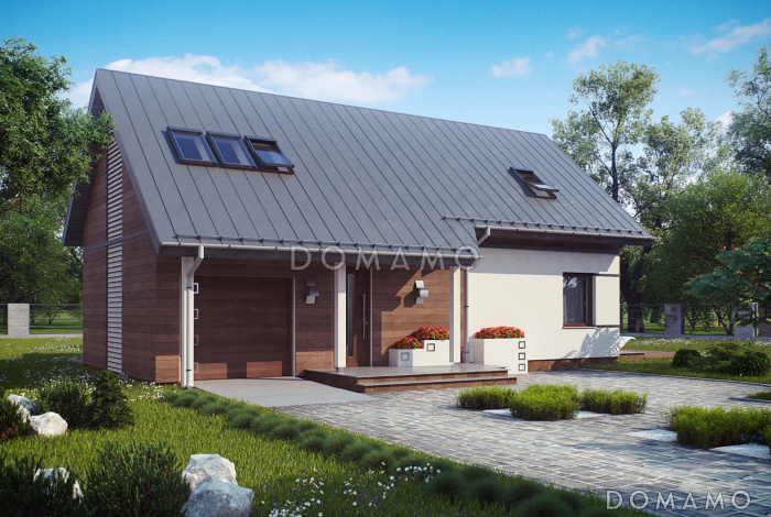 Проект одноэтажного мансардного дома из кирпича с гаражом и большим фронтонным окном