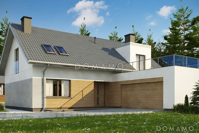 Проект комфортного одноэтажного мансардного дома из газобетона с гаражом и террасой над ним