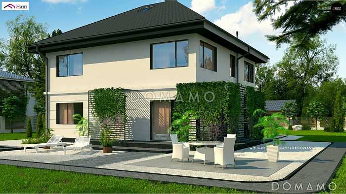 Проект загородного дома с гаражом и террасой над ним, кухней с кладовой, комнатой отдыха на первом этаже