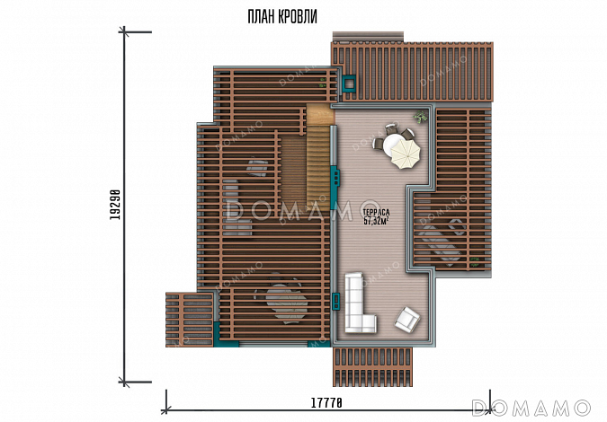 Проект современного дома с большими террасами на втором этаже и эксплуатируемой кровлей / План мансардного этажа