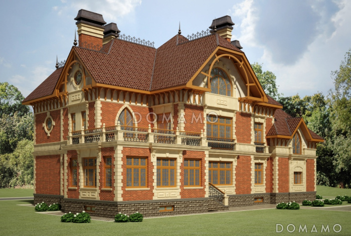 Проект двухэтажного дома с выступающими эркерами, балконами