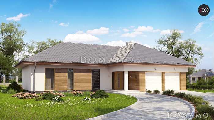 Проект одноэтажного дома из газобетона с просторной гостиной и гаражом на два автомобиля