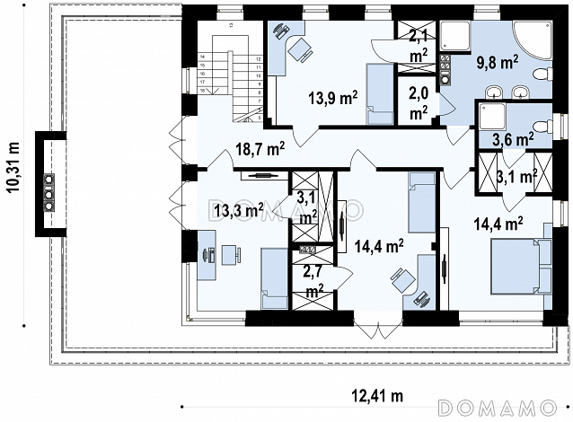 Проект современного двухэтажного дома из газобетона с плоской крышей,  с четырьмя спальнями, просторным кабинетом и гаражом  / План 2 этажа