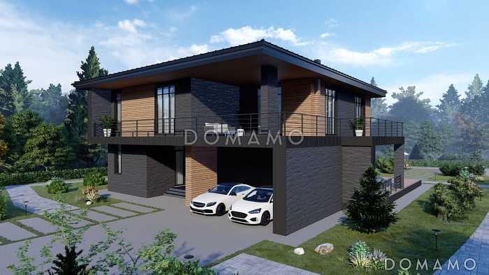 Проект дома в стиле хай-тек с 3 спальнями, большой гостиной, сауной и двухместным автонавесом