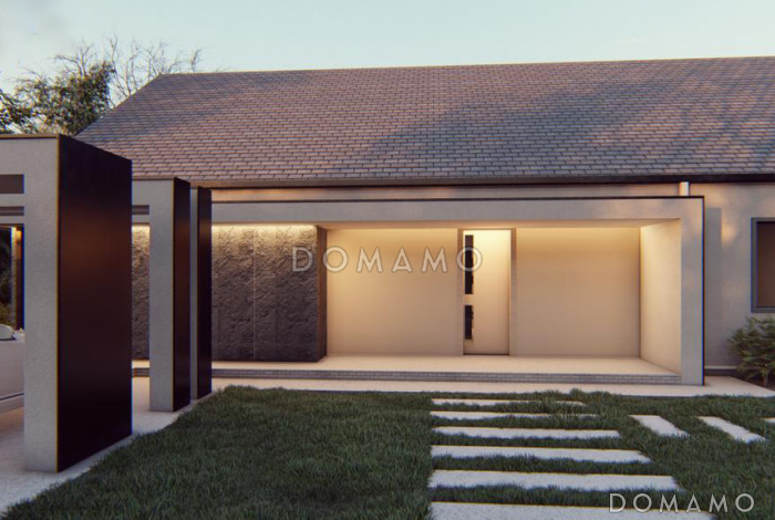 Проект одноэтажного дома простой формы с ванной с окном, кабинетом, просторными гостиной и кухней-столовой