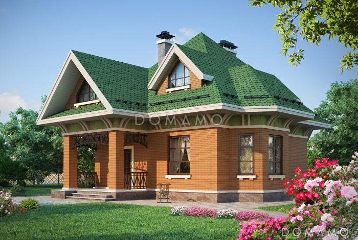Проект дома из пеноблоков с отделкой из кирпича и зеленой шатровой крышей
