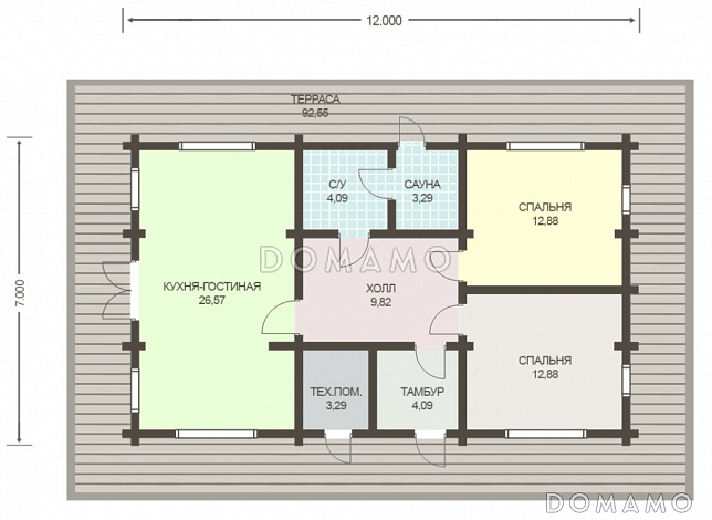 Проект деревянного дома из клееного бруса с крытой террасой расположенной по всему периметру дома / План 1 этажа