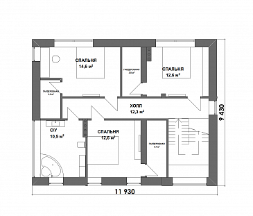 Проект двухэтажного дома в стиле хай-тек с террасой, 3 спальнями и личными гардеробными / План 2 этажа