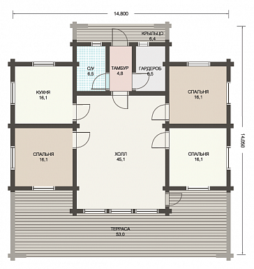 Проект одноэтажного деревянного дома из клееного бруса с изолированной небольшой кухней / План 1 этажа
