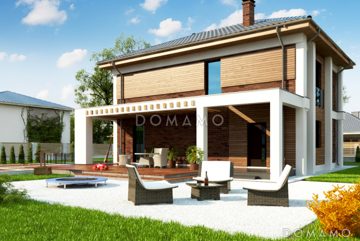 Проект современного двухэтажного дома из газобетона с четырьмя комнатами и уютной частично крытой террасой