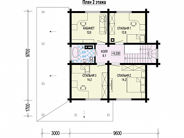 Проект двухэтажного дома из бруса с четырьмя спальнями, кабинетом и крытой террасой / План 2 этажа