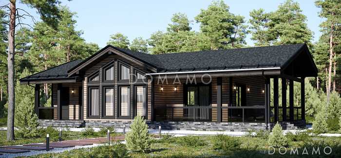 Проект каркасного дома с открытой планировкой и большой террасой