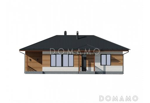 Проект одноэтажного компактного дома из кирпича с двумя спальнями, просторной дневной зоной и крытой террасой / Фасад 1