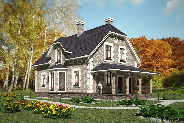 Проект коттеджа с эркером и французскими балконами.