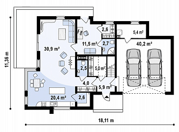 Проект просторного современного двухэтажного дома из газобетона, с пятью комнатами, большим гаражом и двумя лоджиями / План 1 этажа
