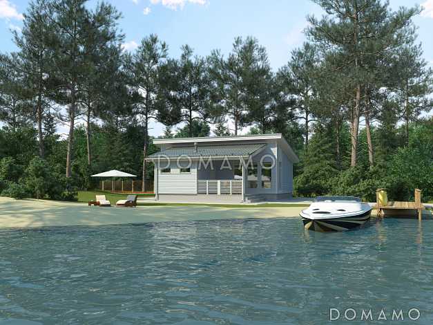 Проект одноэтажного каркасного дома с одной спальней, сауной и крытой террасой