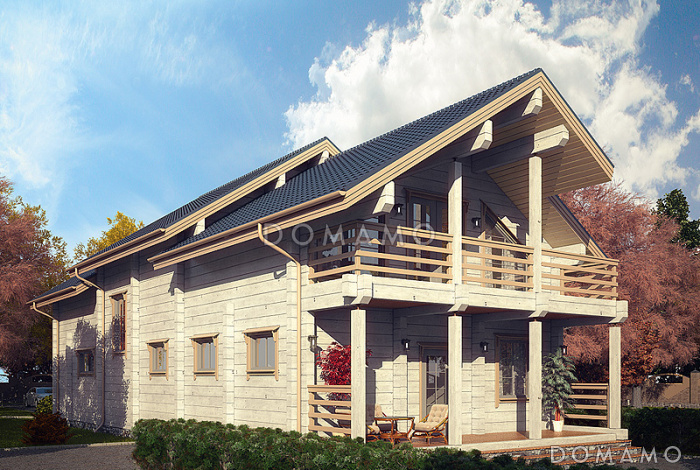 Проект двухэтажного дома из клееного бруса с общим балконам на две спальни