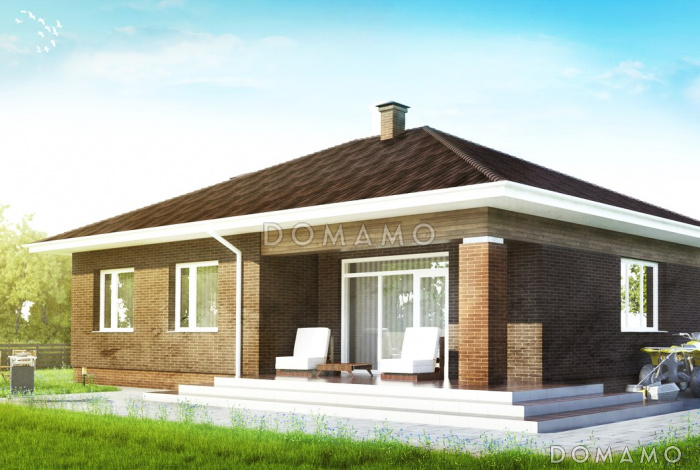 Проект компактного одноэтажного дома с террасой, с комбинированной отделкой