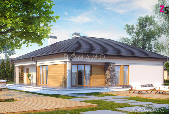 Проект одноэтажного дома из газобетона с дневной зоной в тыльной части дома и выходом на большую террасу и гаражом на два автомобиля