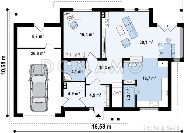 Проект двухэтажного дома из кирпича с эркером и балконом над ним, с тремя спальнями, кабинетом и гаражом / План 1 этажа