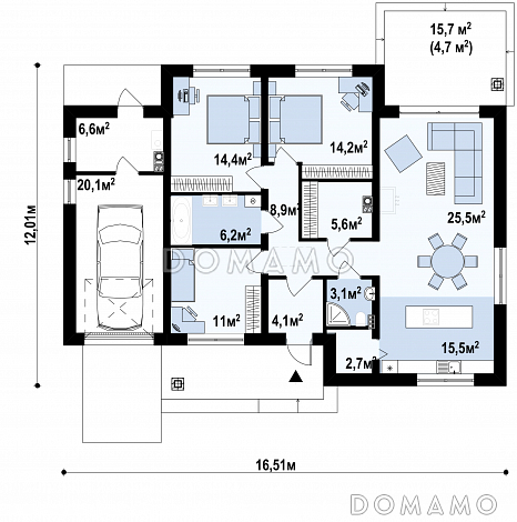 Проект одноэтажного дома из газобетона с тремя спальнями и гаражом, с возможностью обустроить мансарду / План 1 этажа