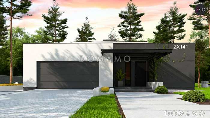 Проект просторного современного одноэтажного дома из кирпича с плоской крышей, с большой гостиной, террасой и гаражом