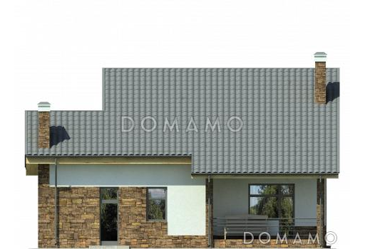 Проект загородного дома с панорамным окном в гостиной и спальне на мансардном этаже, крытой террасой с выходом из кухни-столовой, спальней на первом этаже / Фасад 1