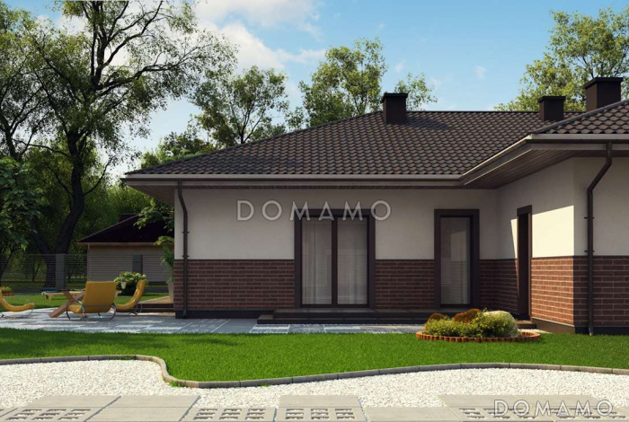 Проект просторного одноэтажного дома из кирпича с тремя спальнями, большой гостиной-столовой и гаражом на два автомобиля
