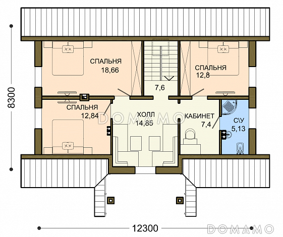 Проект уютного загородного дома из SIP панелей с ажурным крыльцом под зеленой крышей / План мансардного этажа