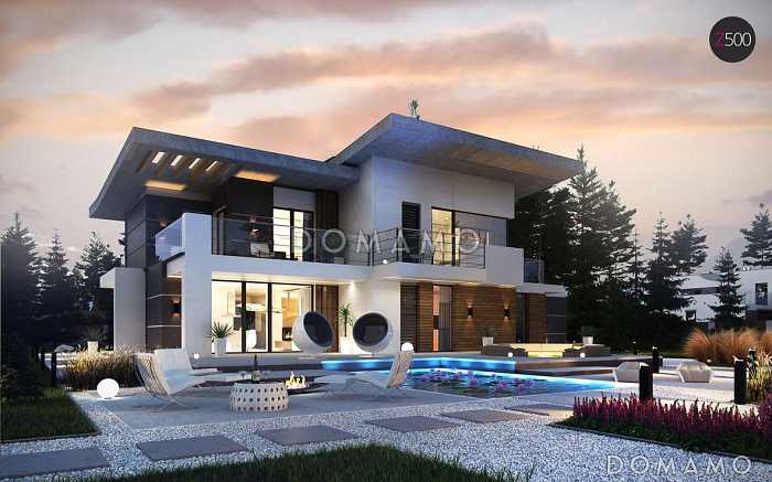 Проект просторного современного двухэтажного дома из газобетона, с пятью комнатами, гаражом и террасой над ним