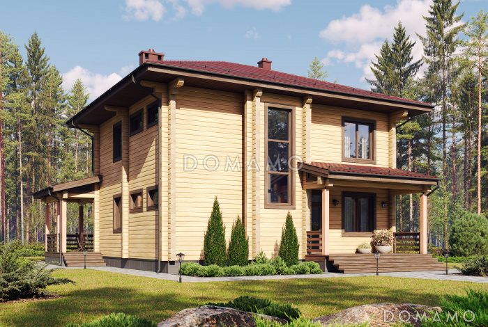 Проект двухэтажного деревянного дома с мастер-спальней и крытой террасой
