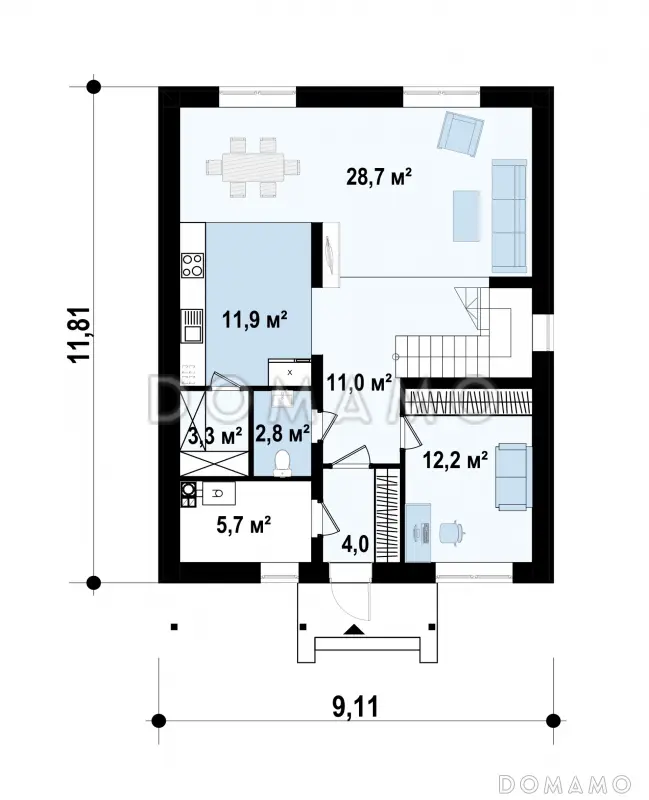 Проект современного двухэтажного дома из газобетона с четырьмя спальнями и кабинетом, без гаража / План 1 этажа