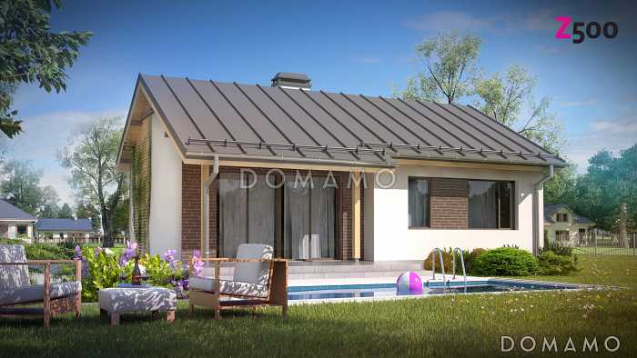 Проект компактного одноэтажного дома небольшой площади из кирпича с двумя спальнями