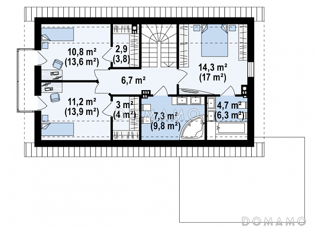 Проект одноэтажного мансардного дома из газобетона с кабинетом, балконом и гаражом / План мансардного этажа