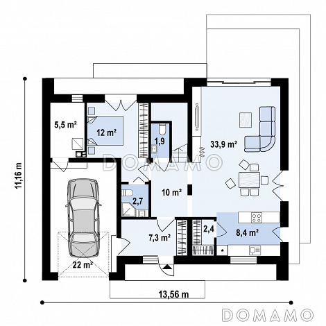 Проект загородного дома с мансардой, гаражом на одну машину, кладовой на кухне / План 1 этажа