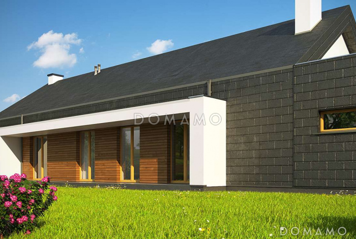 Проект современного одноэтажного дома из кирпича с тремя спальнями и пристроенным гаражом на два автомобиля